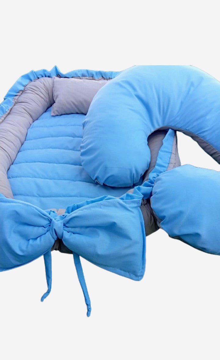 Baby blue and beige baby nest and feeding pillow Combo
