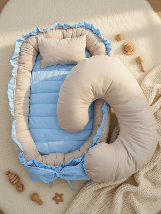 Baby blue and beige baby nest and feeding pillow Combo