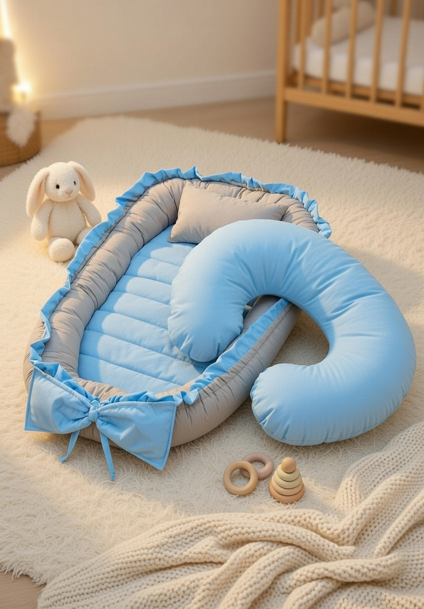 Baby blue and beige baby nest and feeding pillow Combo